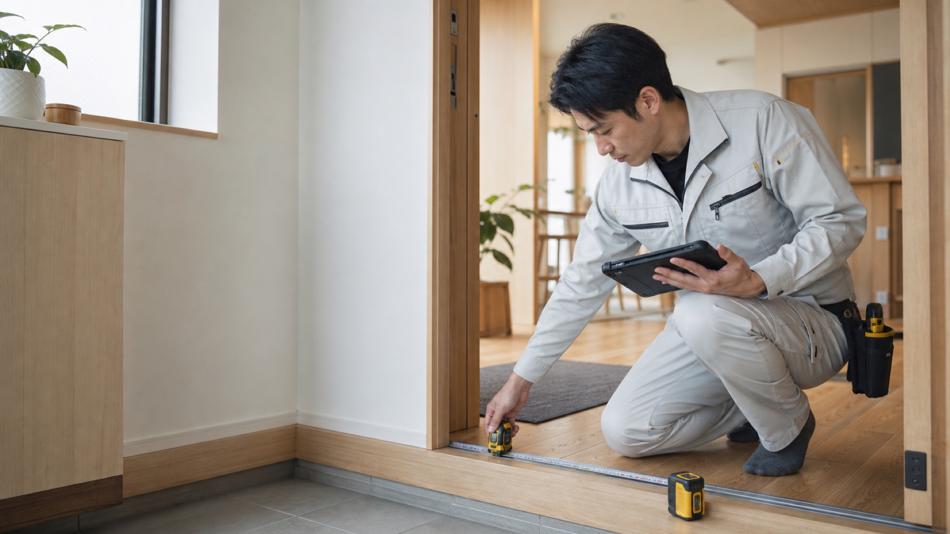 住宅内で寸法を測り、タブレットで現地調査を行う担当者